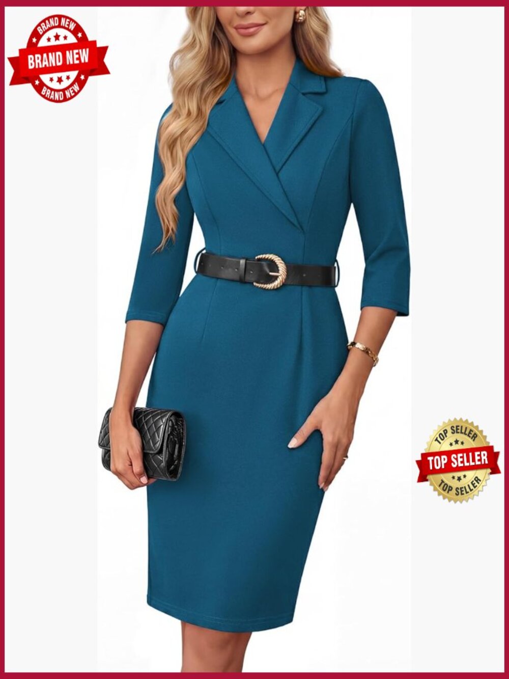 3/4 Sleeve Bodycon Midi Dress with Belt Work Office Church